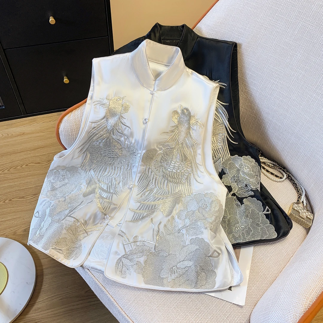 夏季新中式中国风盘扣马夹背心醋酸锻银丝刺绣复古文艺坎肩马甲女