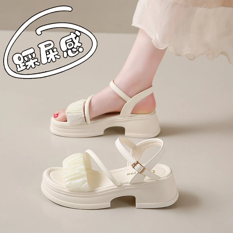 凉鞋女款夏季外穿2025年新款厚底粗跟一字带罗马时装凉拖鞋配裙子