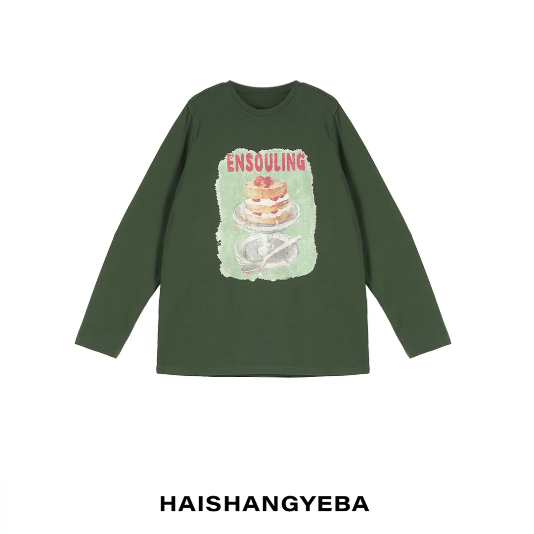 【海上叶爸】新款2025秋冬百搭棉宽松圆领通勤蛋糕印花长袖卫衣