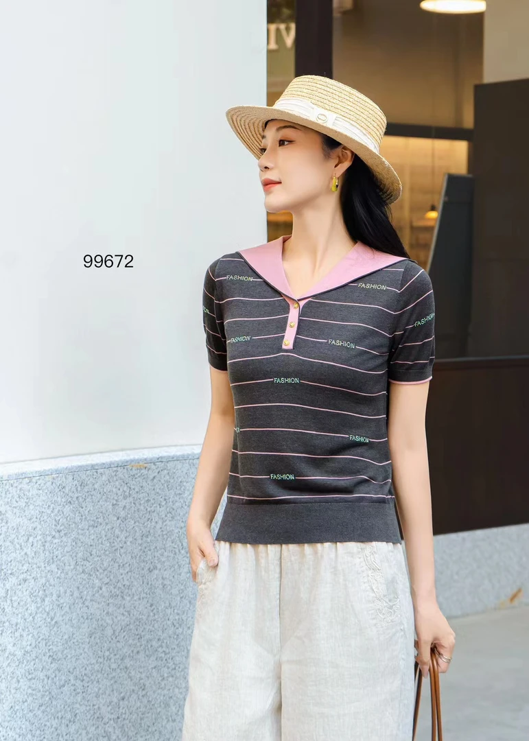 蒂薇娅夏装新品海军领天丝短袖上衣99672