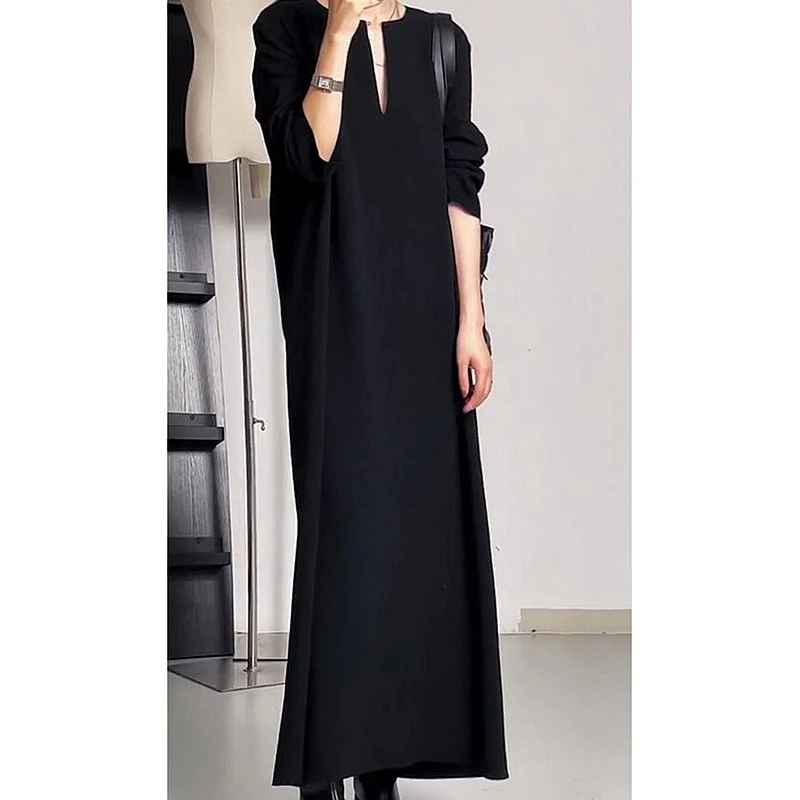潮流女装春季新款法式高级感冷淡风气质女神范黑色长袖领连衣裙