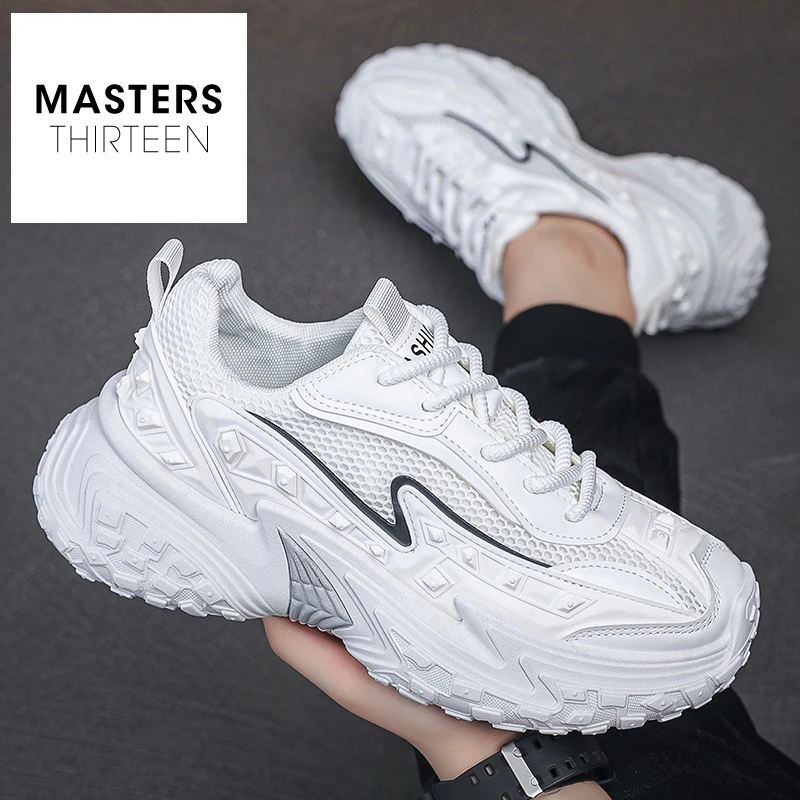 夏季男鞋潮流厚底耐磨轮胎底老爹鞋子男款网面透气运动小白鞋-D09