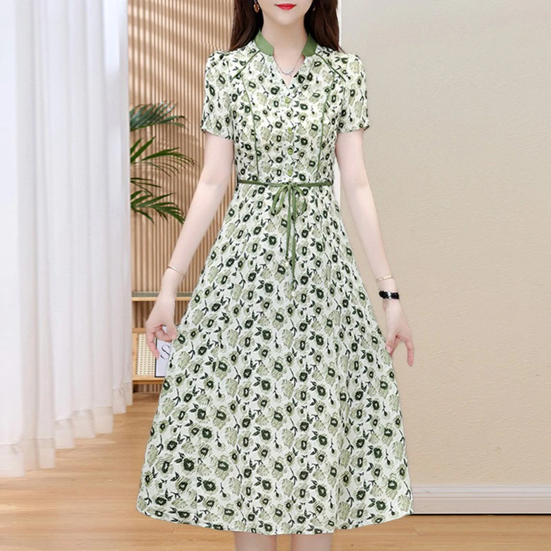 C546【现货】碎花v领连衣裙女短袖遮肚夏季气质系带收腰显瘦裙子