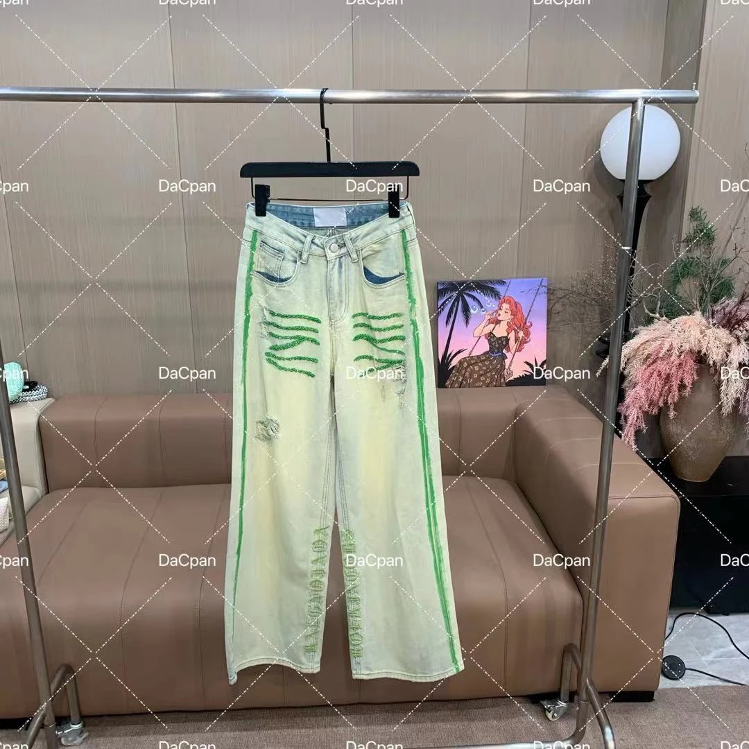 DACPAN-“摩卡奶绿”刺绣串珠破洞直筒牛仔裤 2025/盼·PP 2388