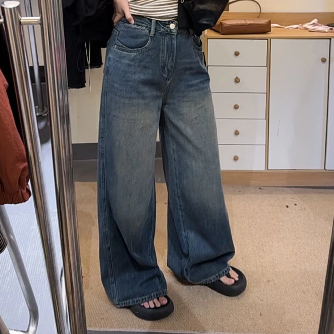 美式复古设计感中高腰阔腿牛仔裤女款宽松垂感直筒百搭显瘦遮胯