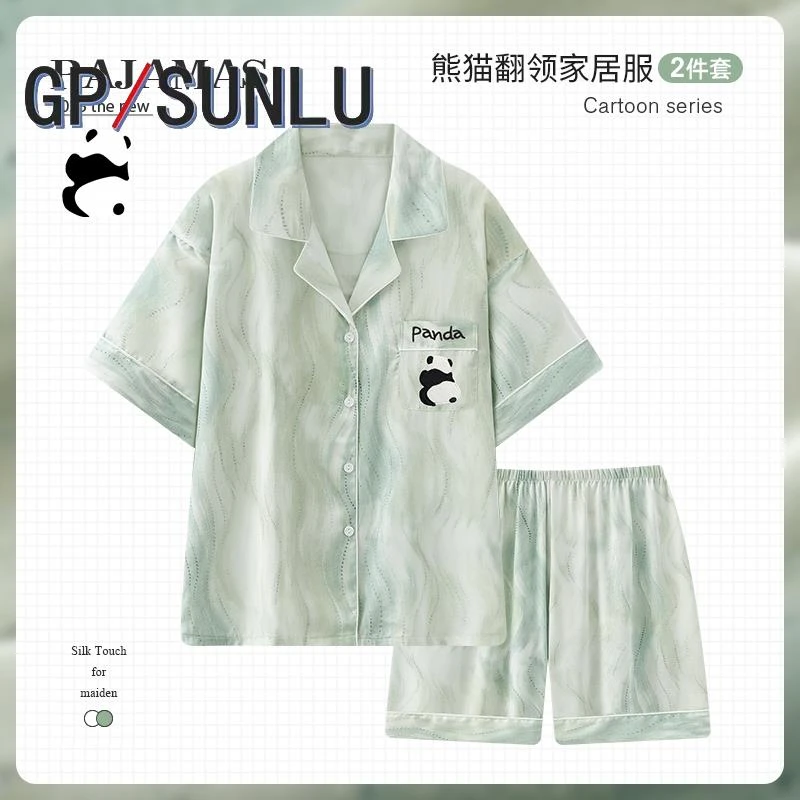 日本小众GP男士睡衣冰丝熊猫短袖夏季天可外穿男款青少年家居服套