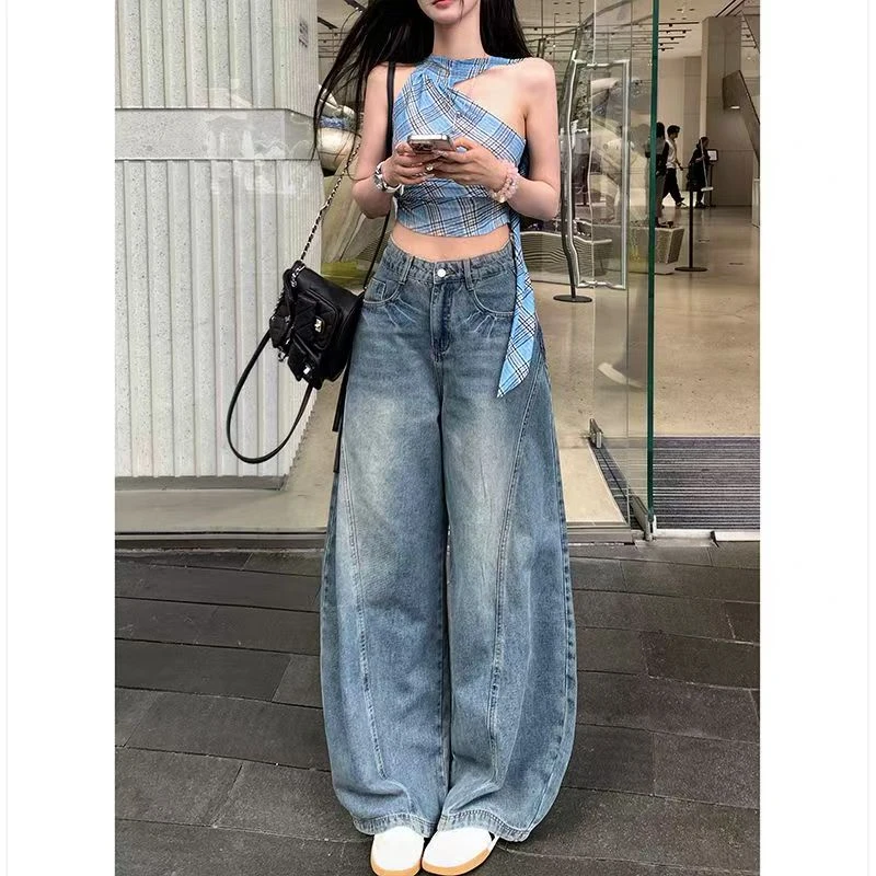 美式高街水洗弯刀牛仔裤女2025春款高腰宽松显瘦痞帅阔腿裤