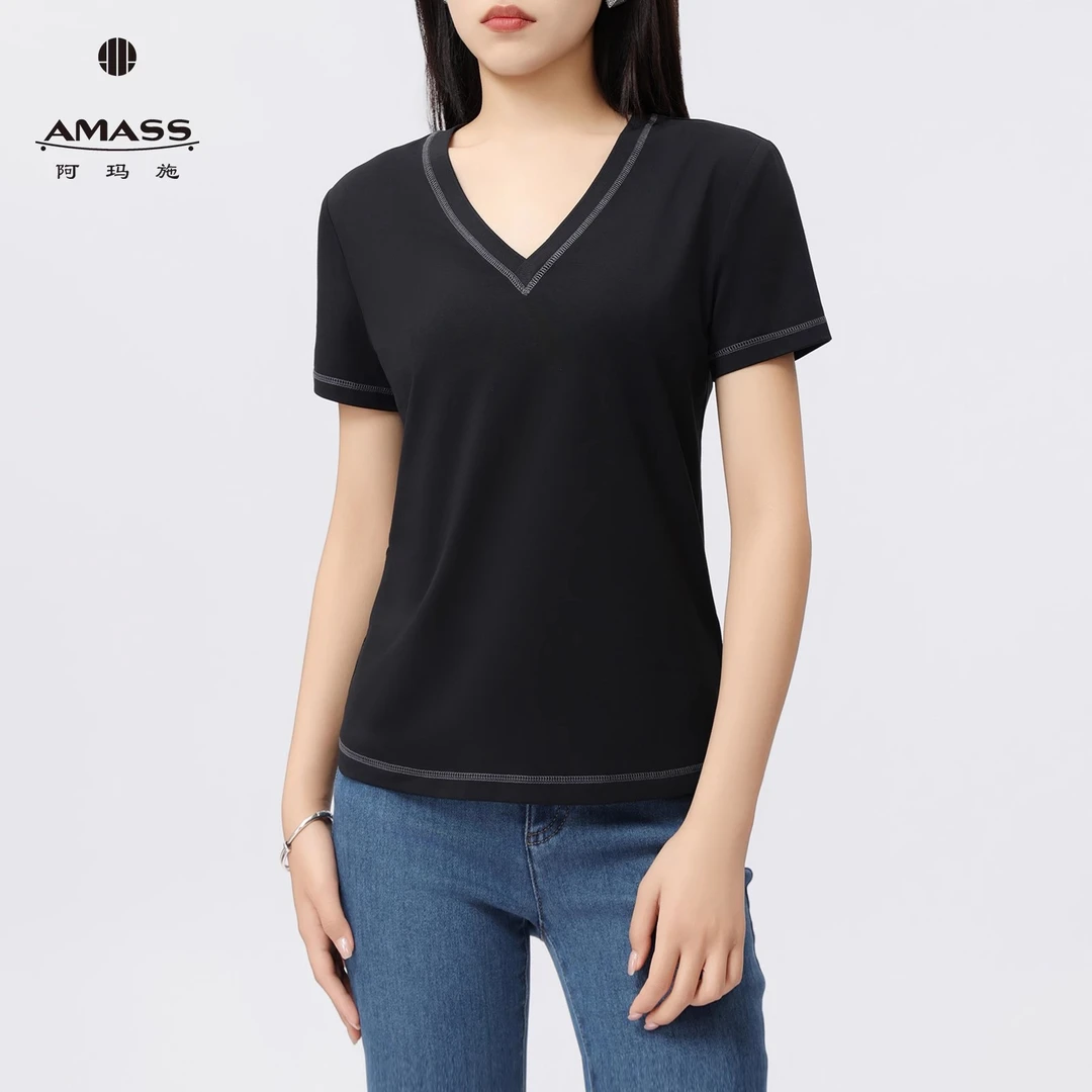 AMASS/阿玛施夏季女士T恤休闲V领显瘦穿搭简粉色女士V领长袖T恤