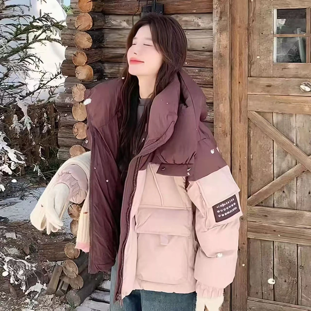 棉服女冬季新款撞色拼接短款棉衣韩版宽松连帽棉袄外套潮