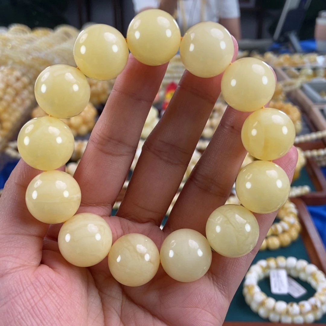 琥珀未镶嵌珠宝奇石18同料浓白花蜡圆珠44.5