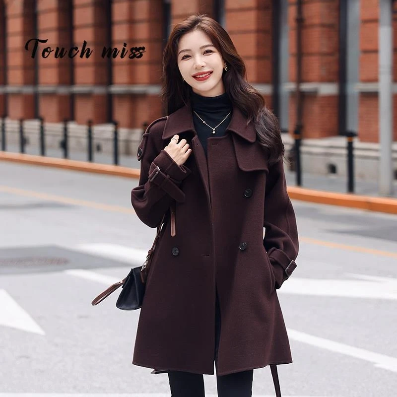 TOUCH MISS咖色双面羊绒大衣女中长款新款宽松爆款高级感毛呢外套