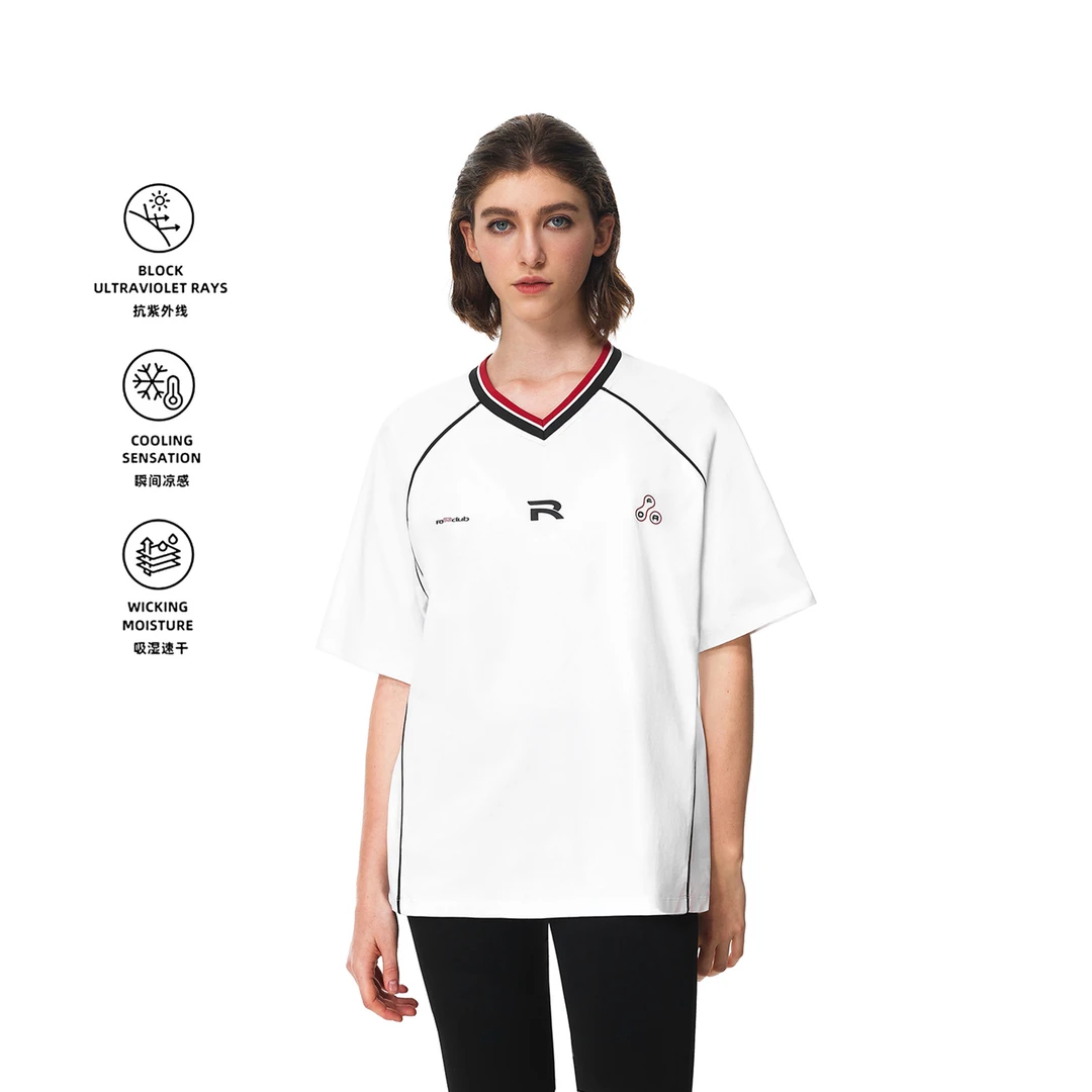 FDR官方店 复古V领撞色螺纹抗菌抗皱冰感速干运动短袖t恤男女夏季