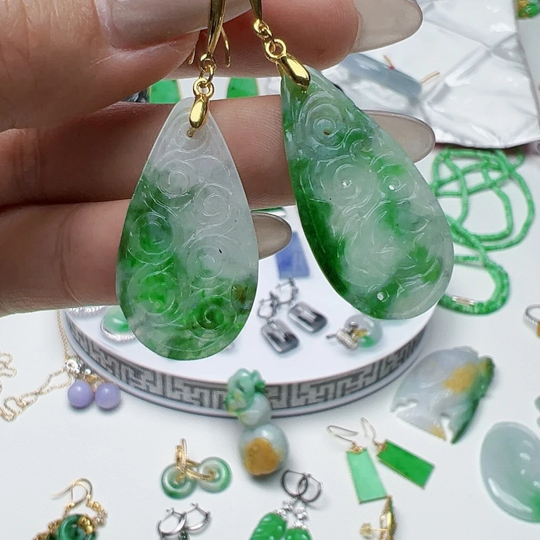 翡翠耳饰银S925镶嵌天然缅甸A货翡翠