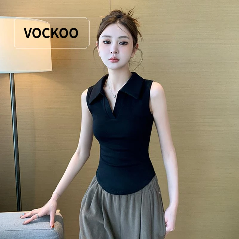 VOCKOO黑色polo翻领无袖上衣女夏季2025新款设计感小众弧形下摆针