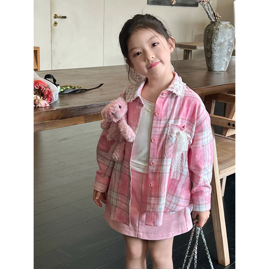 栀了成长记儿童春秋女童长袖牛仔洋气宝宝格子外套短裙