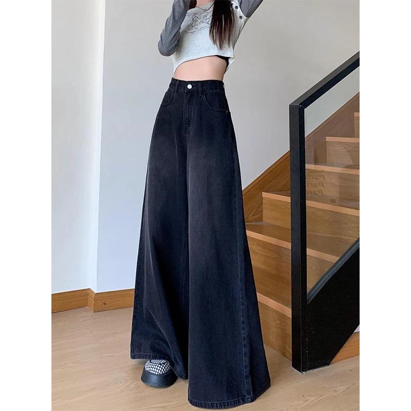 美式复古黑灰色阔腿牛仔裤女2025夏季新款高腰宽松显瘦垂感拖地裤