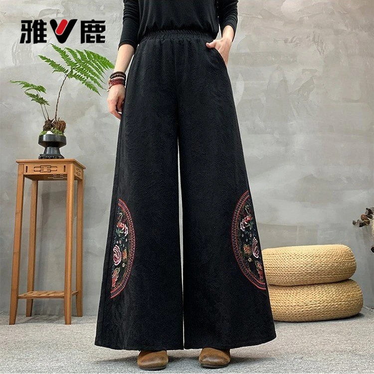 雅鹿优选中老年女士仿棉麻阔腿裤春秋新款民族风直筒裤中年妈妈个