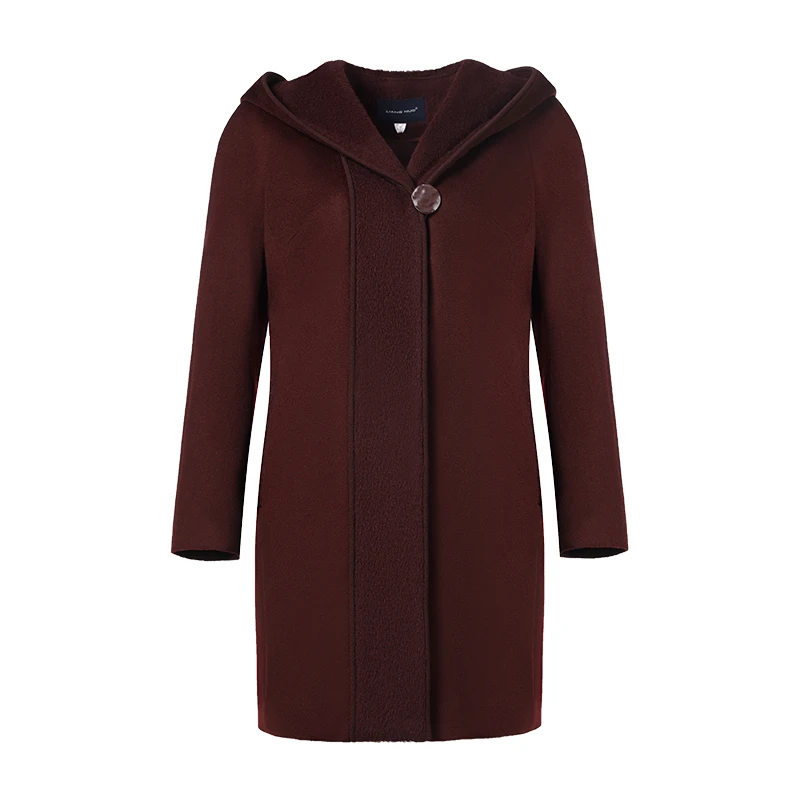 靓诺枣红色长款短毛冬季连帽大衣LD18420A外套秋冬中长款