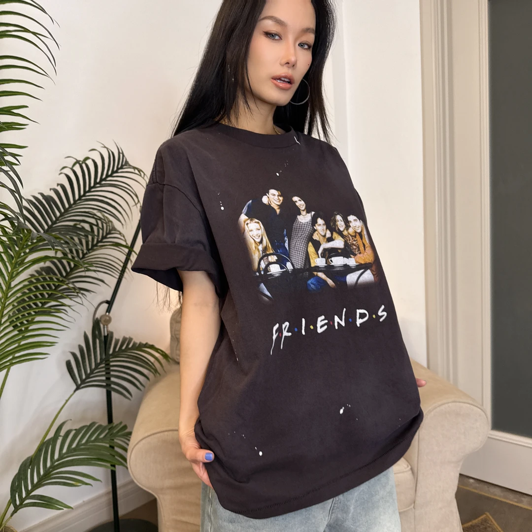 男女款欧美街拍经典vintage老友记宽松做旧印花T恤短袖999