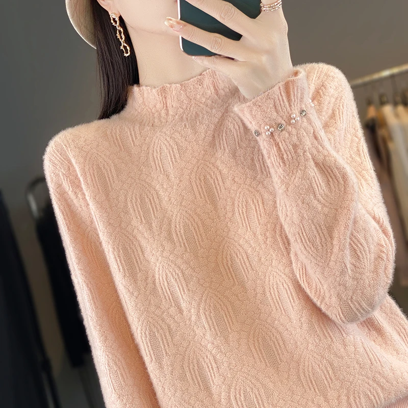纯100羊毛衫上衣2025秋冬新款宽松毛衣女半高领蕾丝羊绒打底衫女
