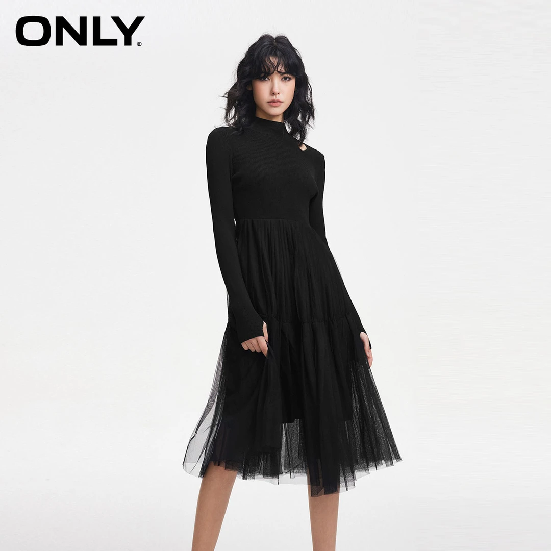 【艾钱钱专属】ONLY时尚黑色修身简约气质通勤长袖连衣裙|123107038
