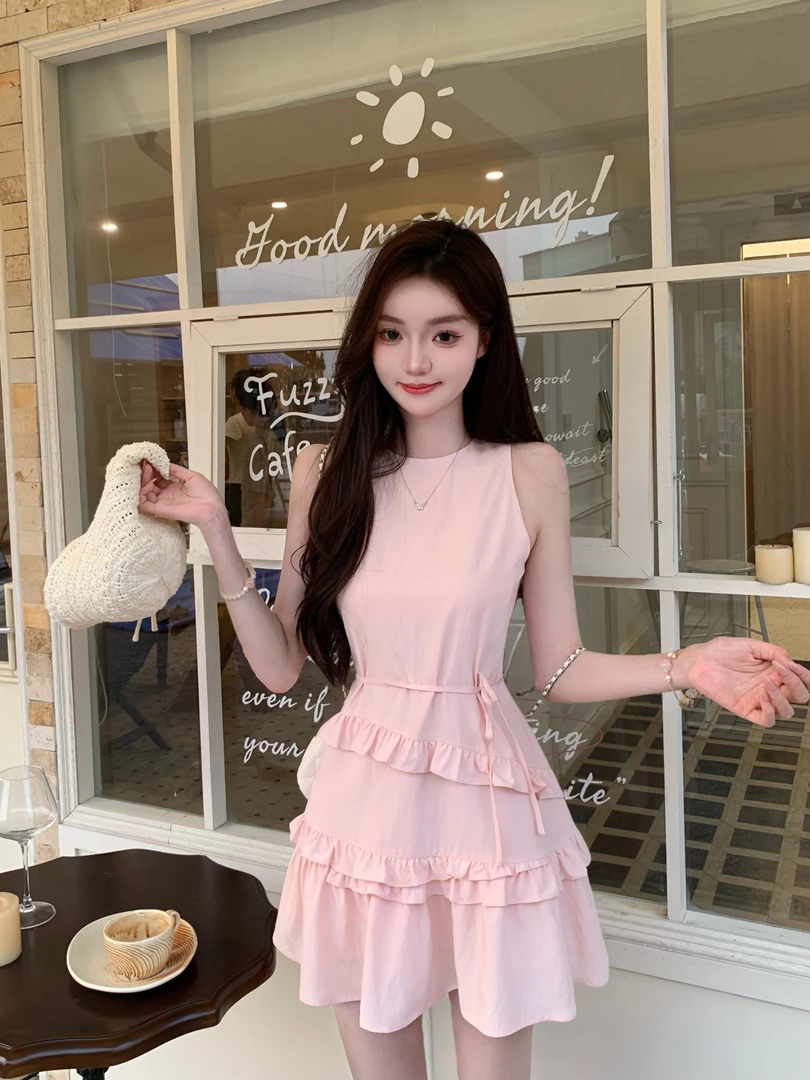 白水女 樱花 甜美风设计感初恋樱花粉花边无袖背心裙B50752121