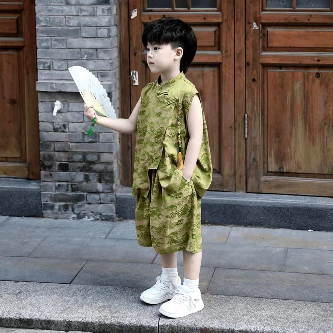 【清风萌宝】男童2025夏季新款儿童新中式国风无袖短裤宽松休闲套装