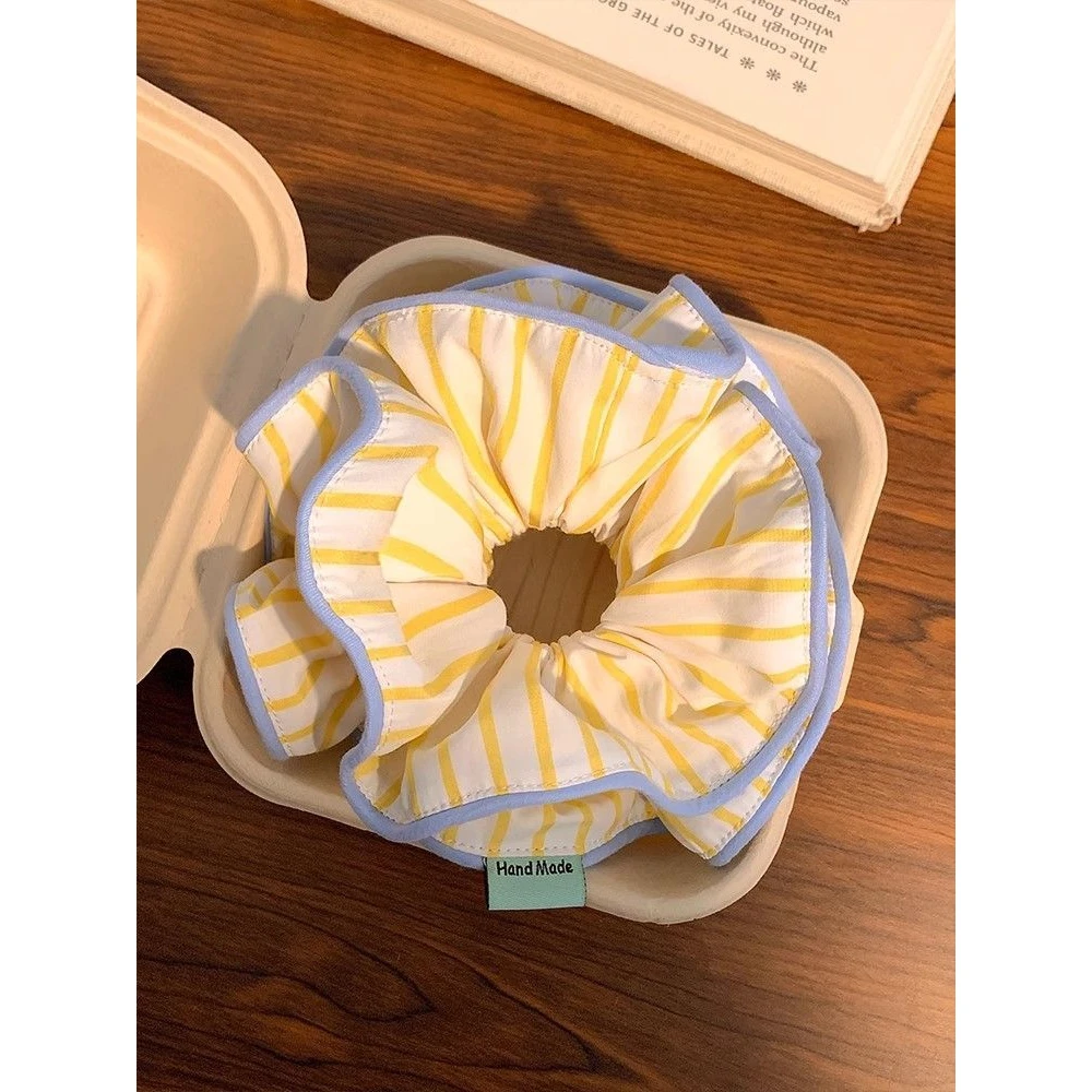 柏林落日~奶黄色条纹大肠发圈女高级感发饰法式丸子头头绳半扎发