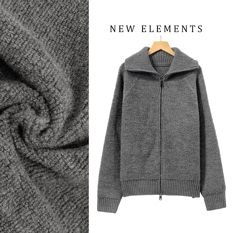 秋冬100%绵羊毛慵懒风翻领双开拉链针织开衫外套TS84131