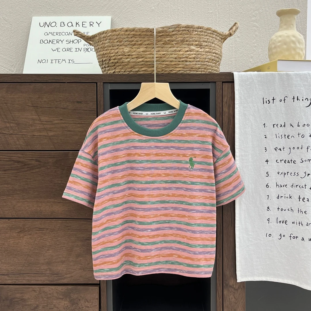 【小蛋壳】夏季儿童新款韩版短袖圆领薄款彩色条纹宽松休闲T恤