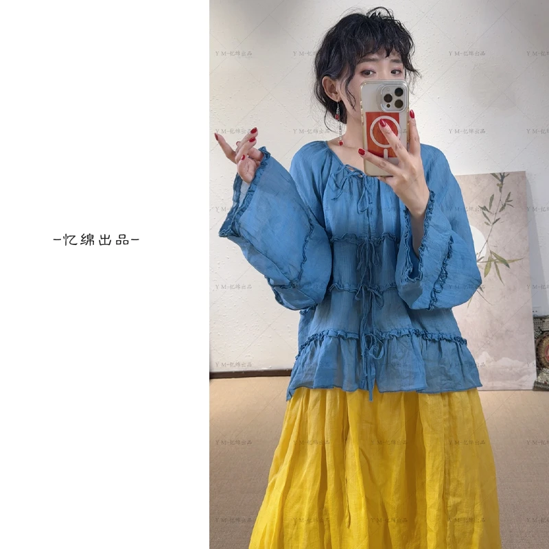 忆绵出品2915“小城夏天”夏日水果色设计师款透气苎麻上衣