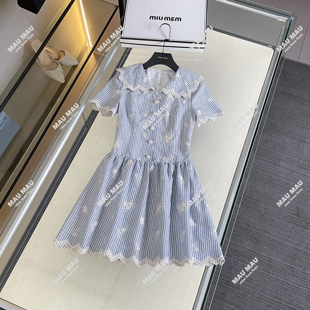 【微风岛屿】法式甜美海军领短袖印花刺绣小清新连衣裙DY7520