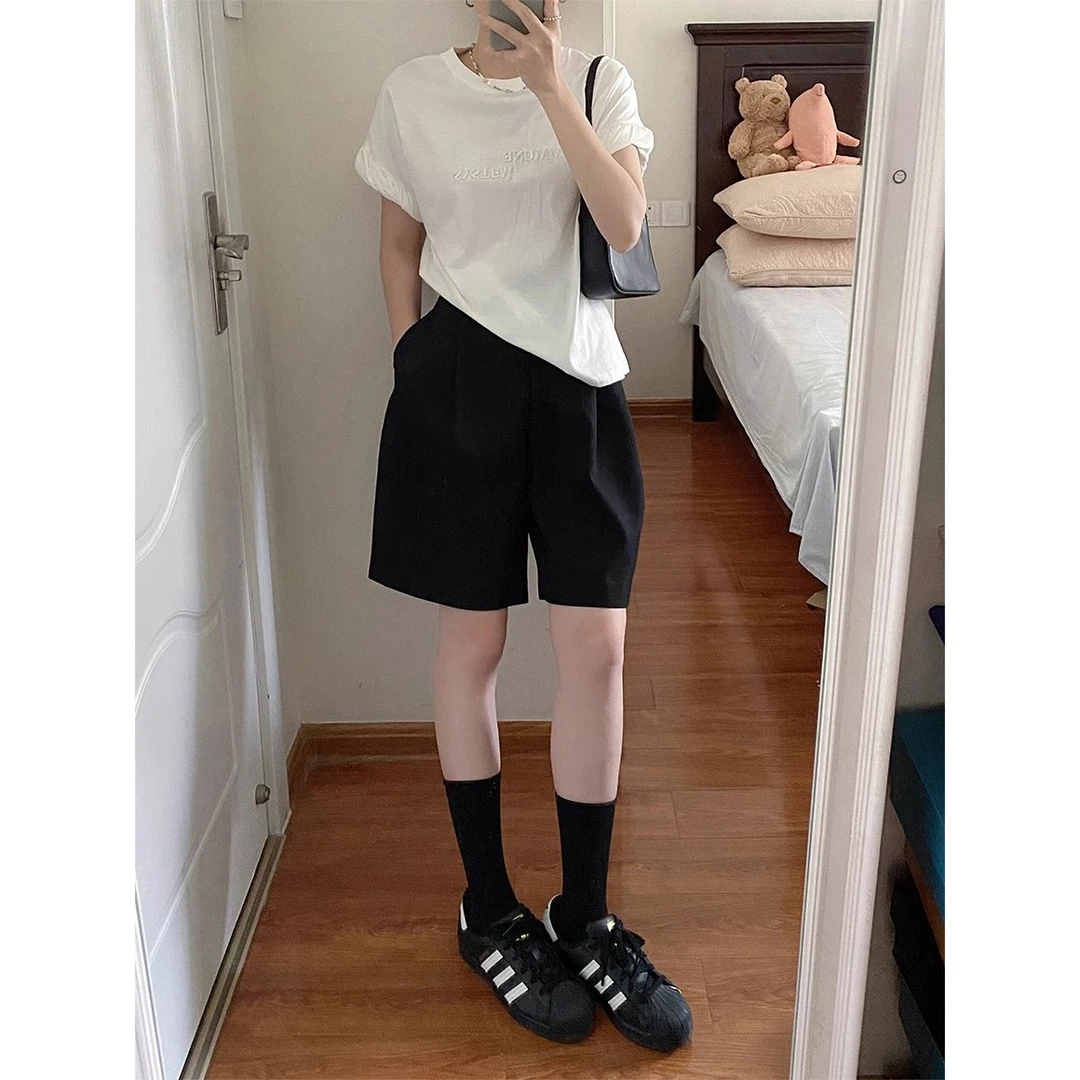 黑色西装短裤女夏季薄款胖妹妹mm高腰显瘦宽松休闲阔腿a字五分裤