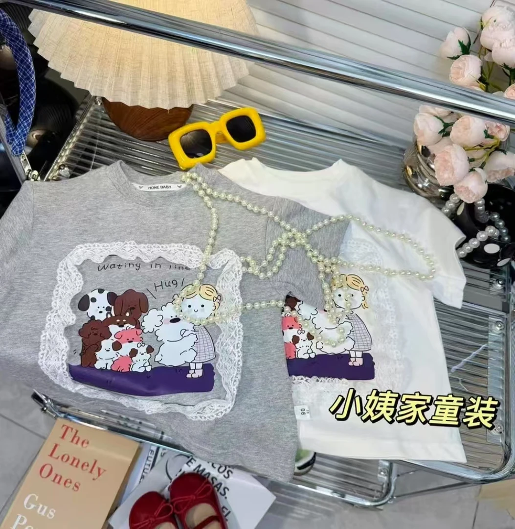 2025韩版卡通印花夏季女童时尚花边纯棉短袖T恤圆领百搭夏款儿童