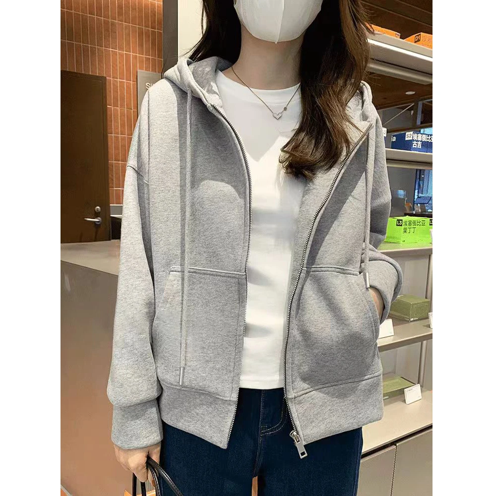 韩系慵懒风灰色连帽卫衣外套女春秋2025新款超火宽松百搭长袖上衣