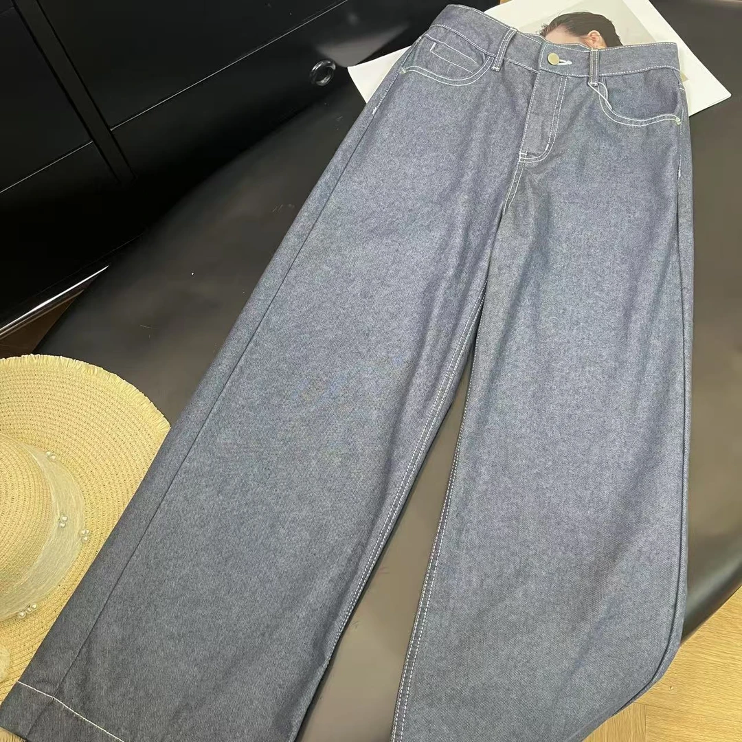 100棉~韩系简约时尚复古百搭牛仔阔腿裤H7517