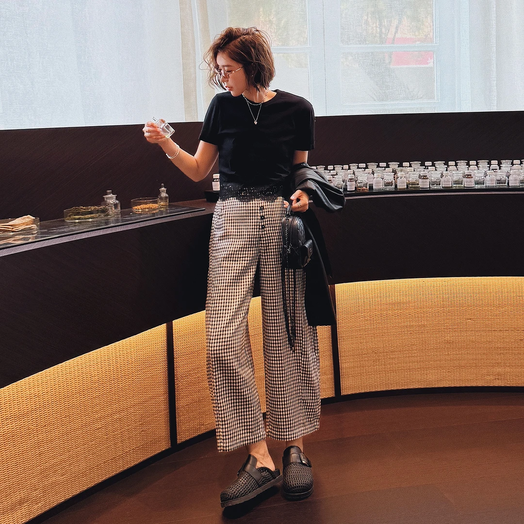 TT【leisi】春夏设计感黑标线拼接100%纯棉休闲短袖T恤女TT-11DT025