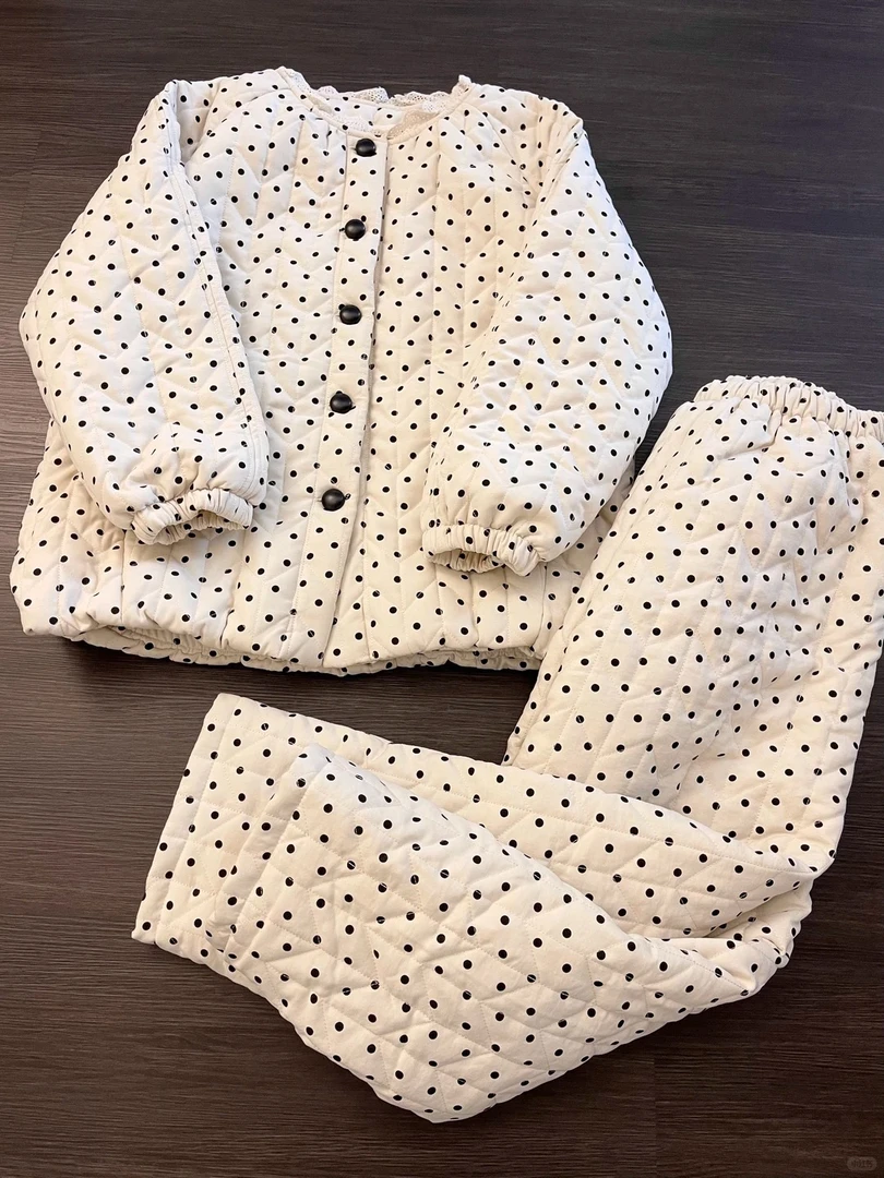 甜美软糯可爱少女拼接波点印花夹棉睡衣女秋冬新款保暖家居服套装