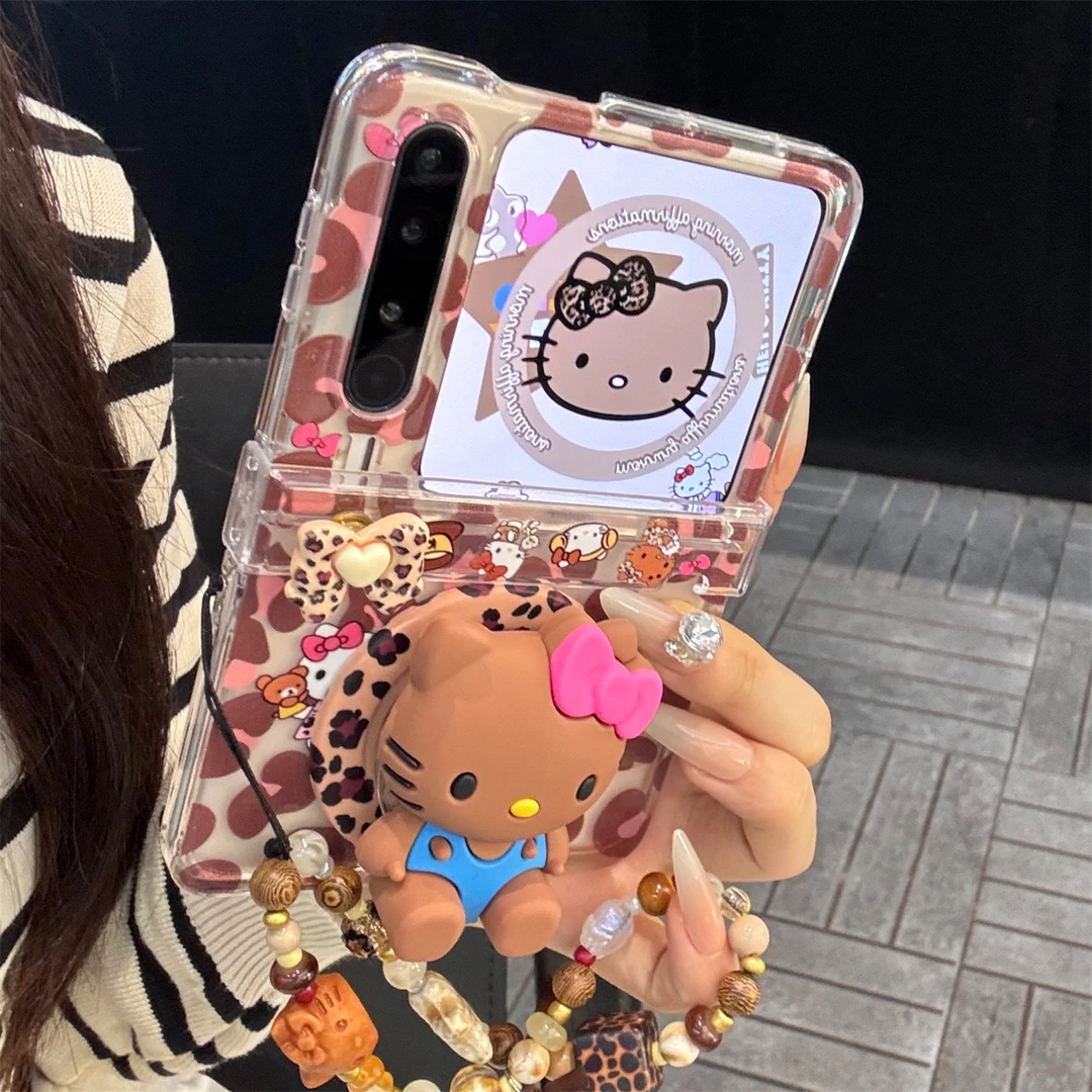 适用华为purax典藏版折叠屏手机壳pocket2粉棕色kt猫磁吸支架链条