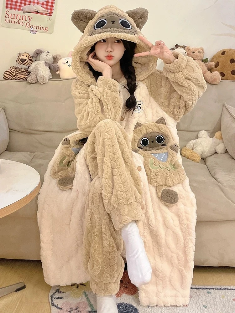 珊瑚绒连帽睡袍女士春秋冬季2025新款加绒加厚保暖睡衣家居服套装