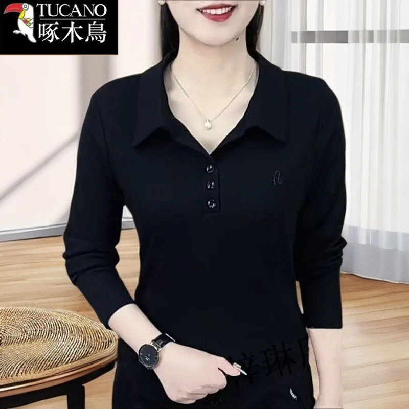 啄木鸟2025年新款刺绣纯色上衣时尚气质春秋季POLO翻领长袖t恤女
