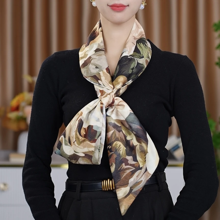 秋冬新品复古色油画风时尚中古风丝绒手感丝巾长条百搭印花围巾