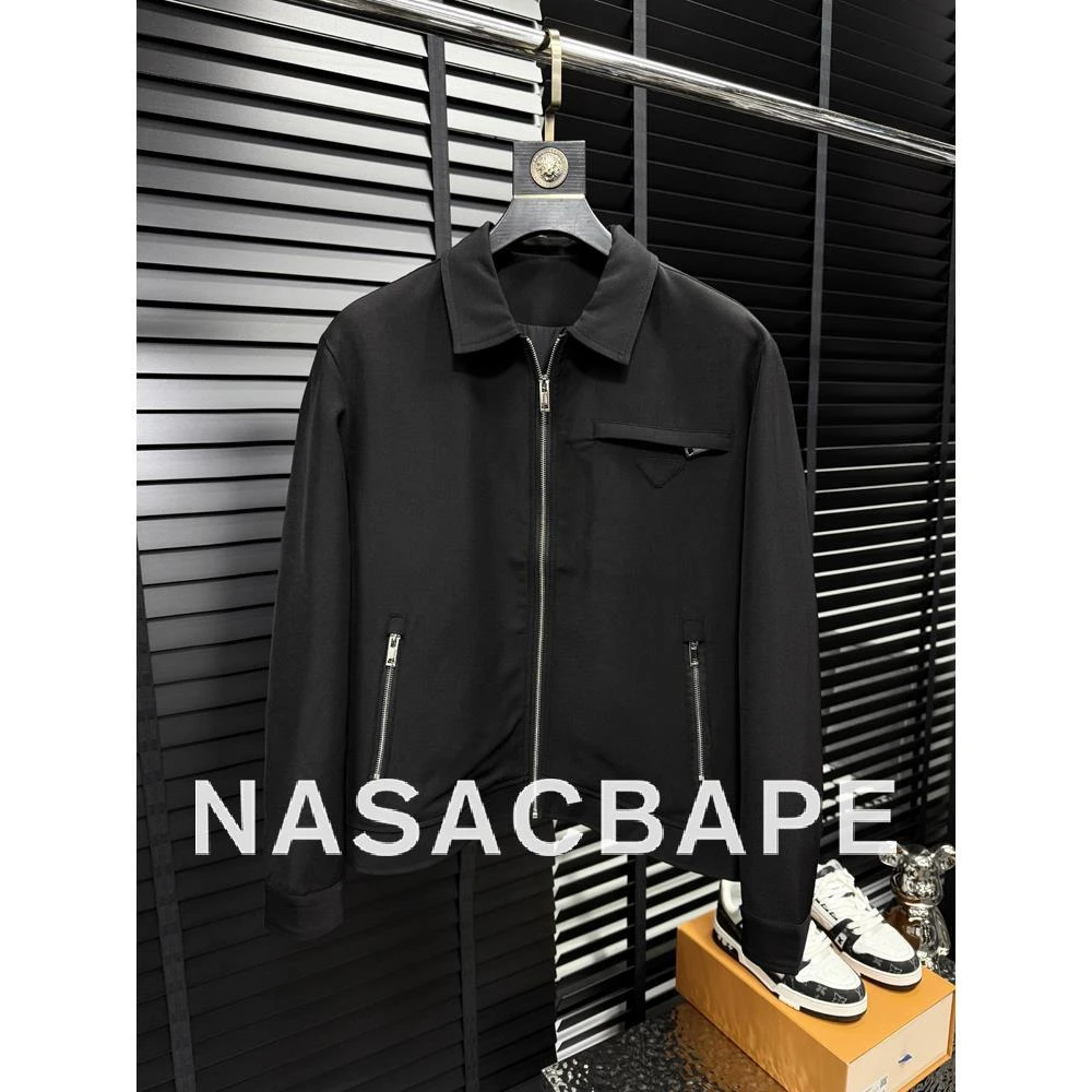 轻奢欧洲站高端休闲外套男士2025秋季新款简约时尚翻领黑色夹克衫