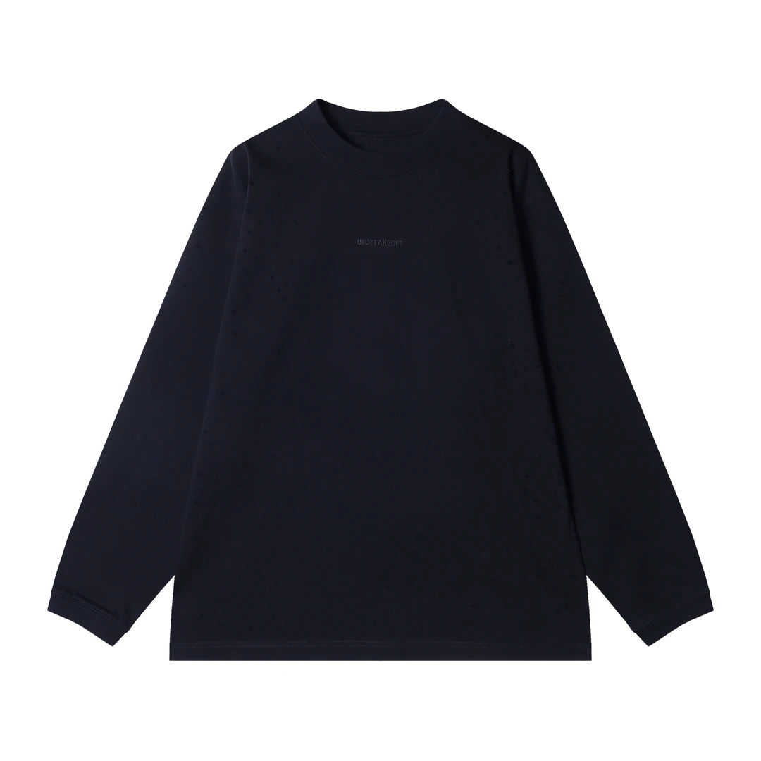 夏季新款时尚个性韩版纯色破洞刺绣字母圆领长袖T恤百搭宽松上衣