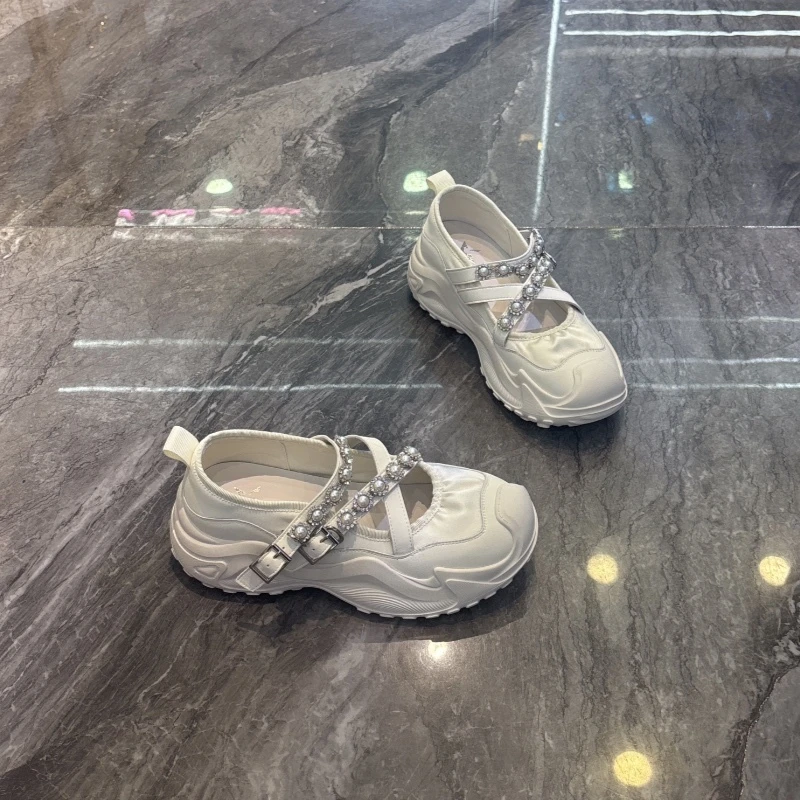 2025新款运动休闲鞋厚底银色水钻玛丽珍鞋女浅口单鞋