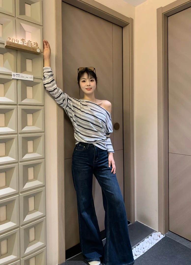 【淡颜条纹女友】小众ins风百搭收腰显瘦休闲 条纹长袖上衣