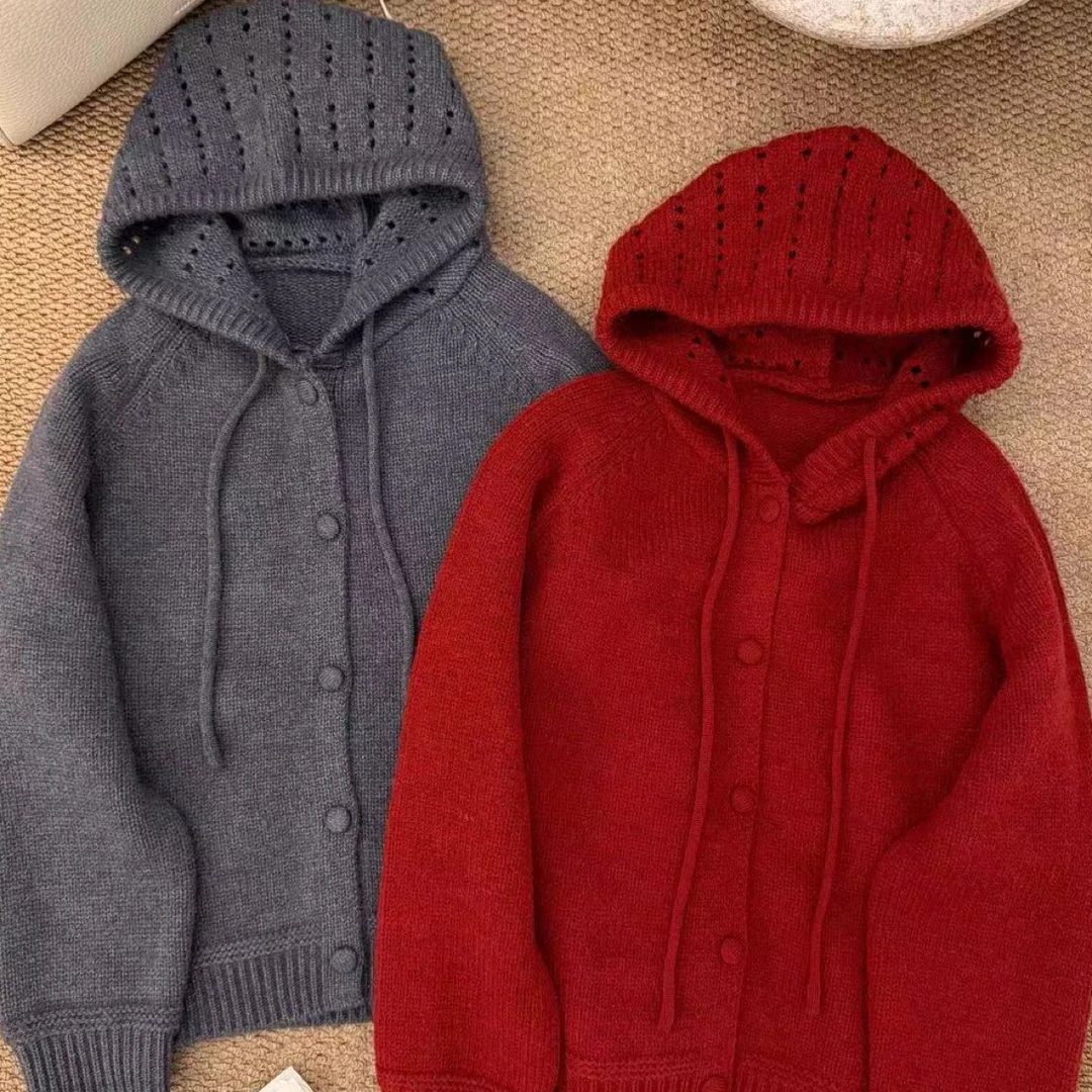 新款冬款韩系慵懒风连帽针织开衫女复古百搭