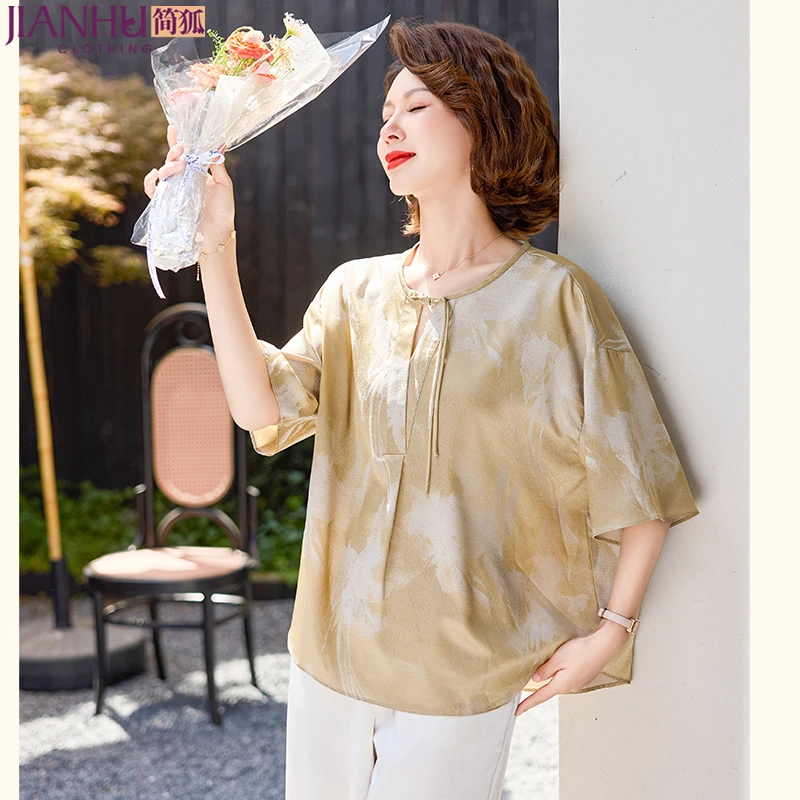 中年妈妈夏装国风T恤短袖小衫2025新款时尚洋气中老年女装上衣服
