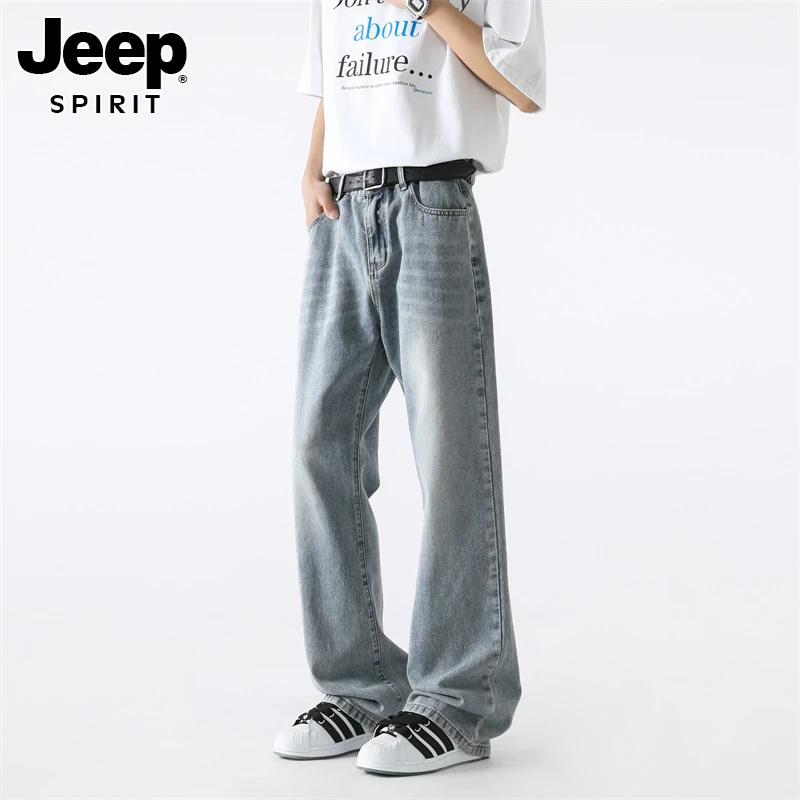 JEEPSPIRITcleanfit微喇牛仔男修身薄款美式破洞潮牌弯刀宽松裤子