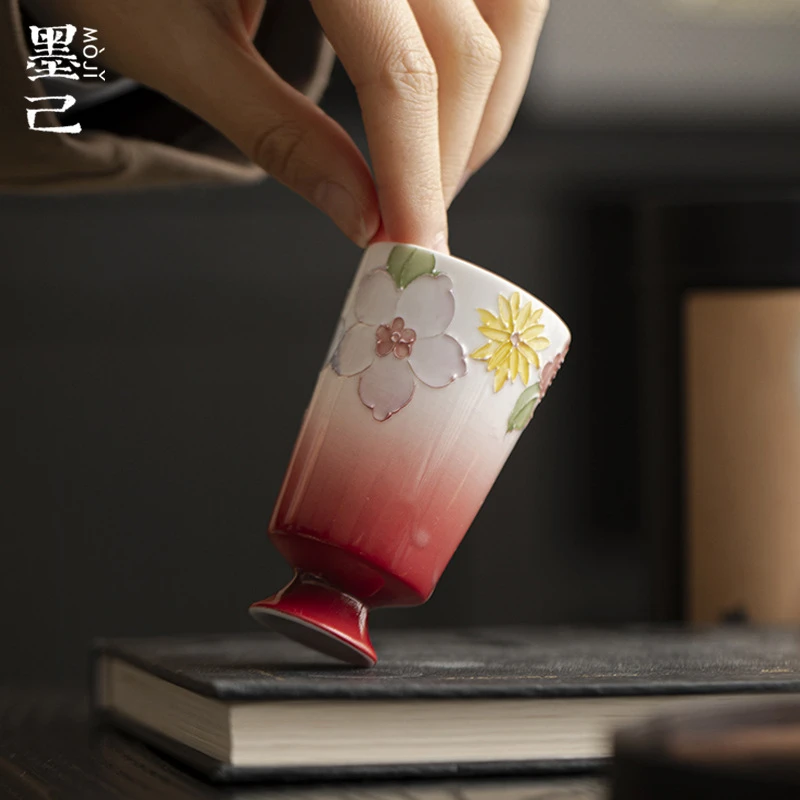 墨己渐变红手绘有田烧团花高足闻香杯功夫茶具家用陶瓷品茗杯茶杯